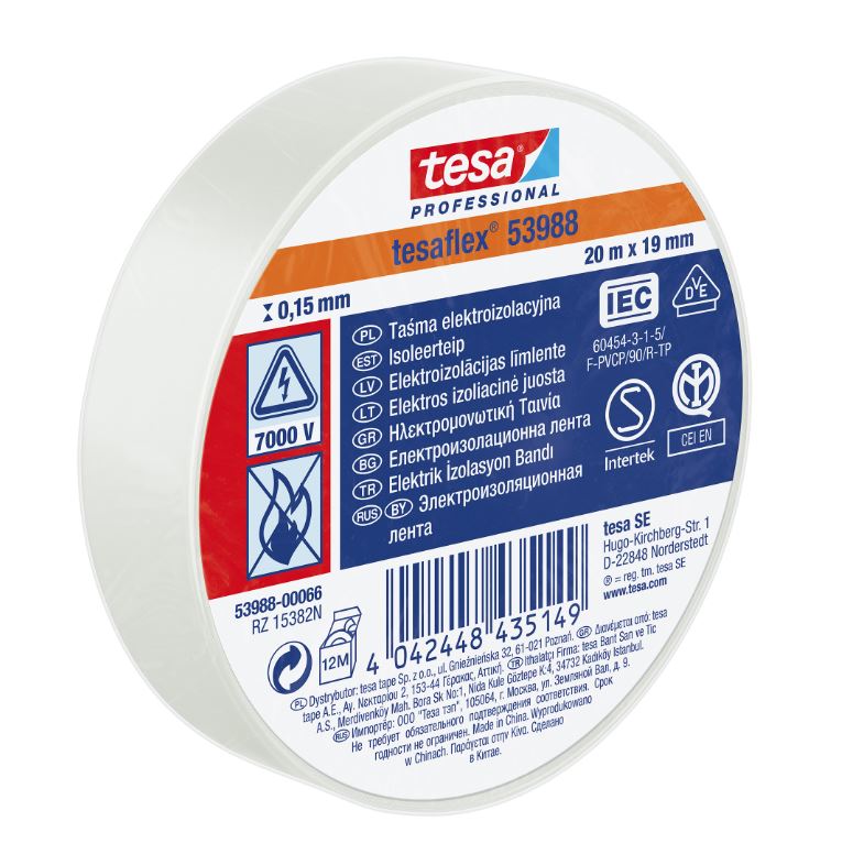 Taśma elektroizolacyjna 20 m x 19 mm biała TESA